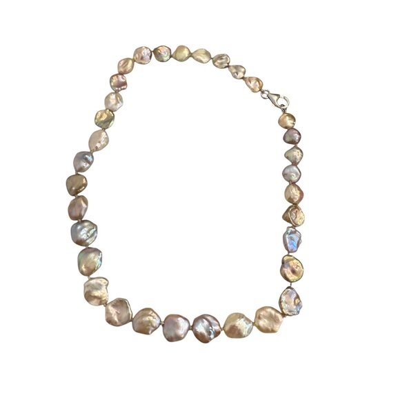 Keshi  Baroque Coin Pearls necklace Peacock Lavender Sterling Silver 9" Drop 18 - Picture 5 of 12